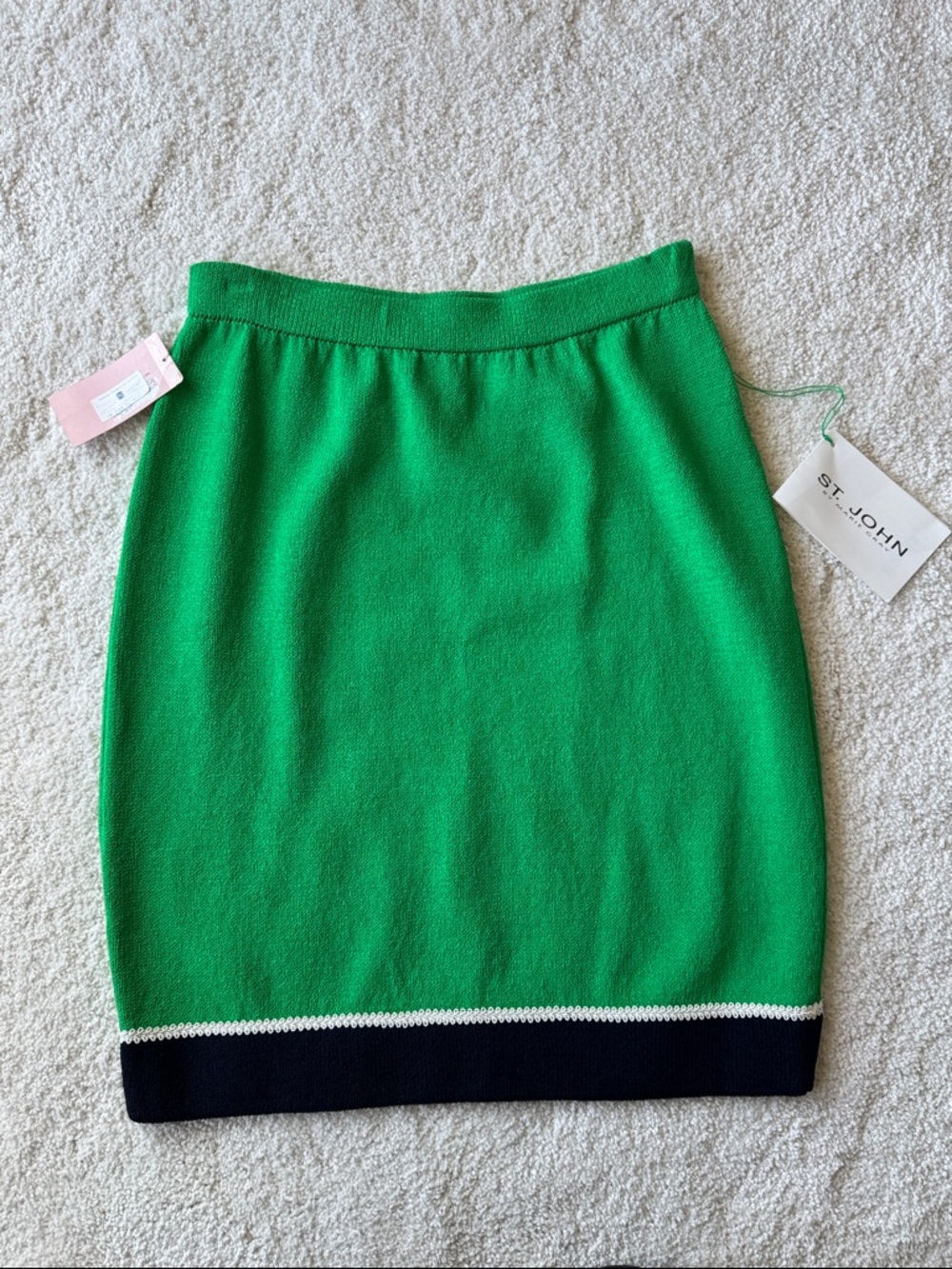 St. John Green Knit Pencil Skirt with Navy Hem